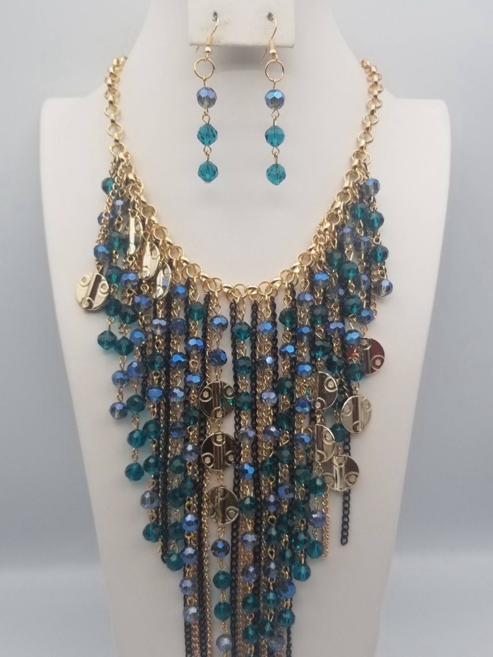 Gold-Tone Teal Beaded Fringe Necklace & Earrings Set